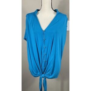 Nygard Top Womens Aqua Blue Button Up Short Sleeve Front Knot 3X Stretch
